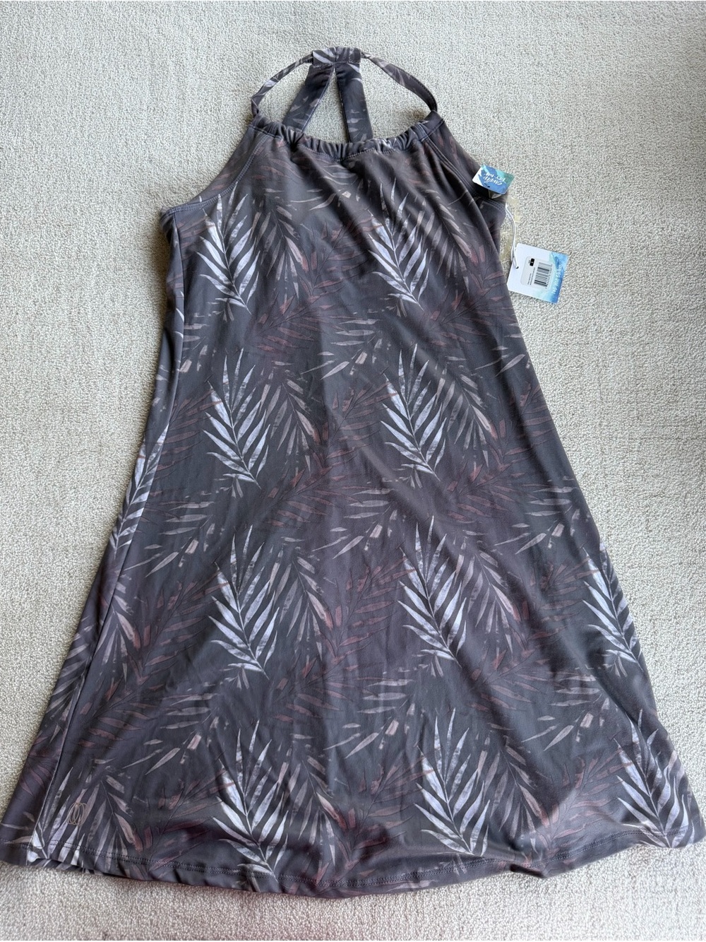 Balance Collection Halter Midi Dress in Charcoal Gray with Pale Taupe Leaf Print